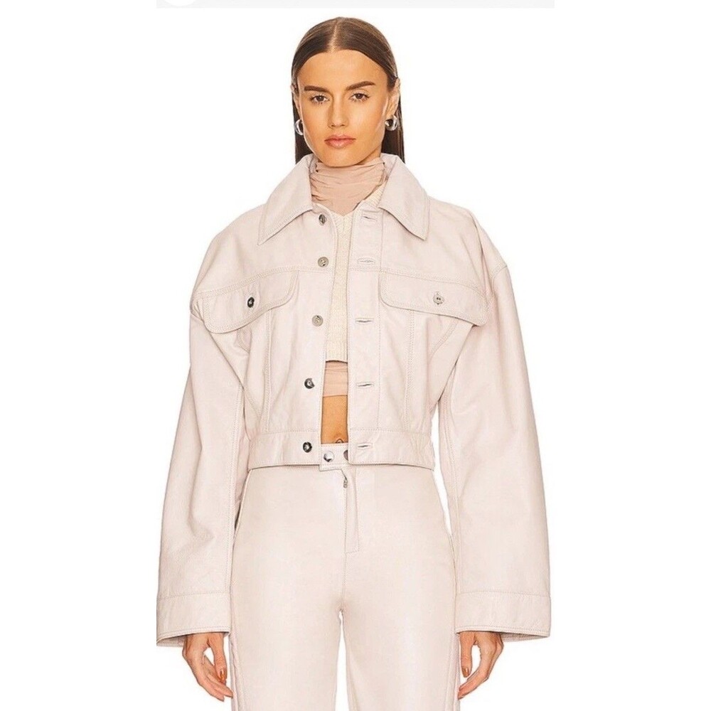 L'Academie Rue Leather Jacket in Bone Size S Cropped Wide Sleeves